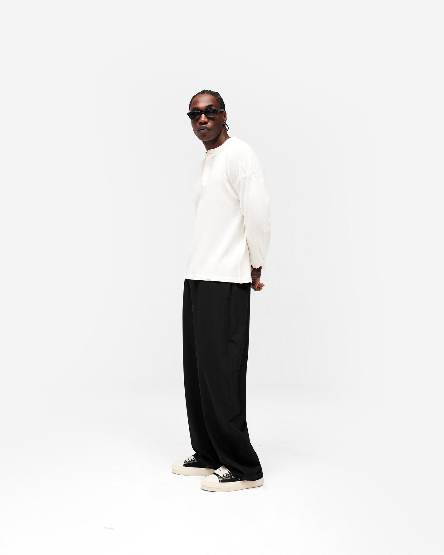 Initial Henley Waffle Long Sleeve T-Shirt - Flat White