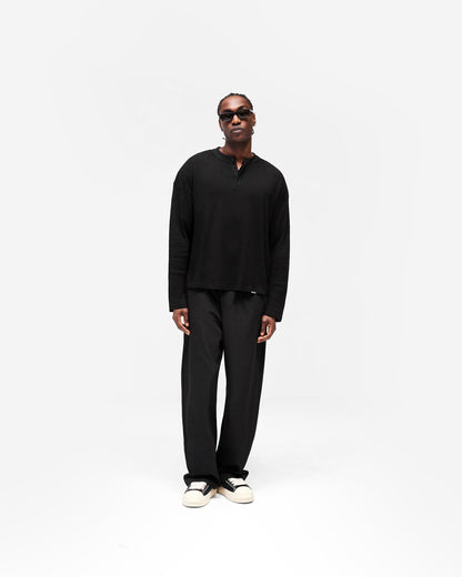 Initial Henley Waffle Long Sleeve T-Shirt - Jet Black