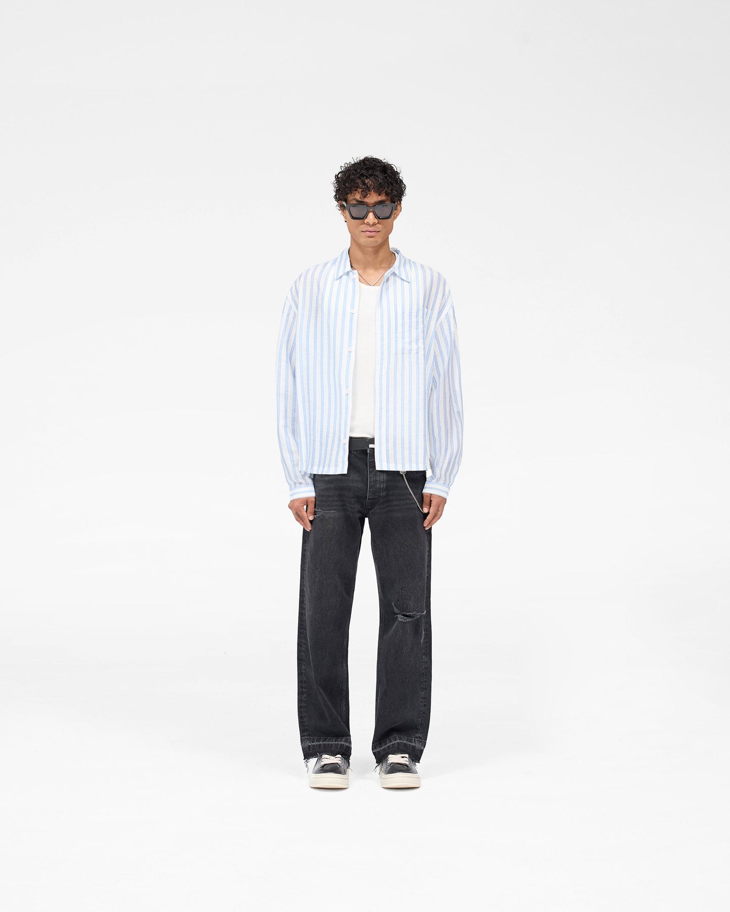 Long Sleeve Sheer Stripe Boxy Shirt - Ice Blue
